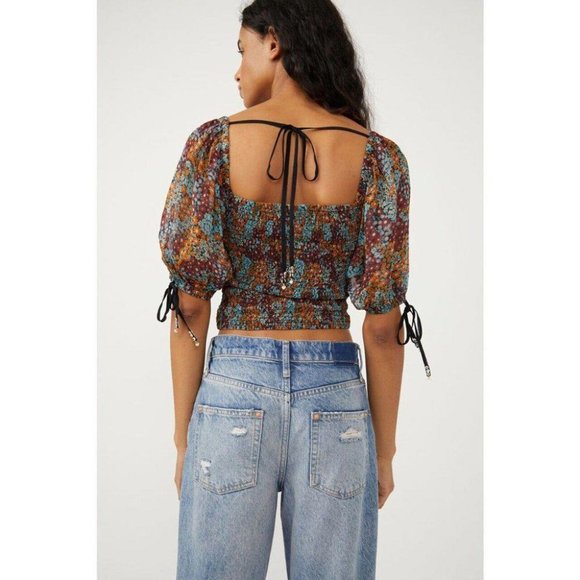 Free People Back On Crop Top Smocked Puff Sleeves Floral Printed S - Picture 3 of 8
